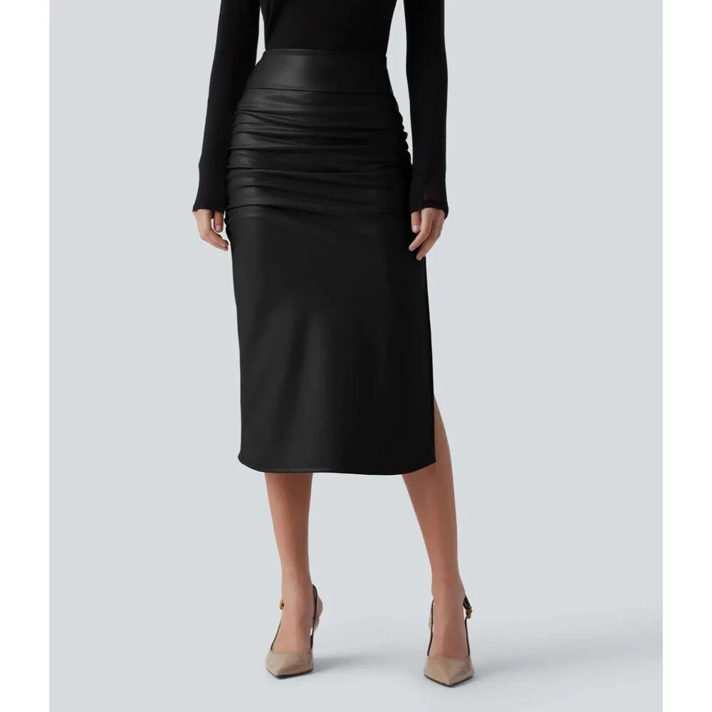 HALARA High Rise Tummy Cntl Ruched  2-in-1 Fleece PU Midi Skirt XL NEW B76